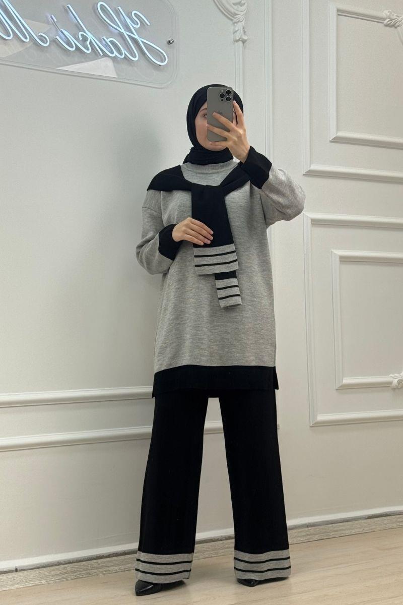 Atkı Detaylı Gri-Siyah Tesettür Triko Takımhm1338