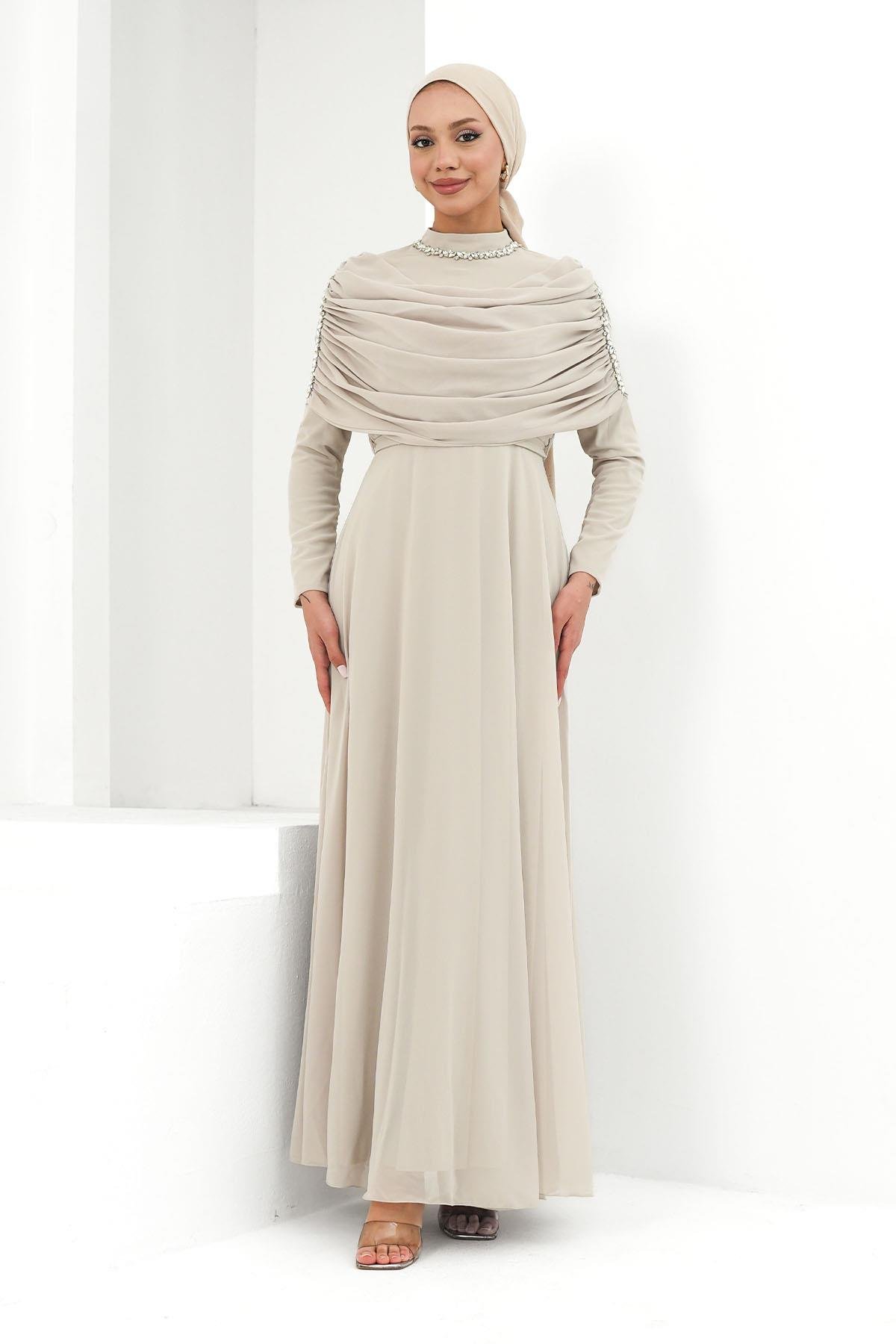 Tesettür Ayperi Şifon Abiye BejLP6296