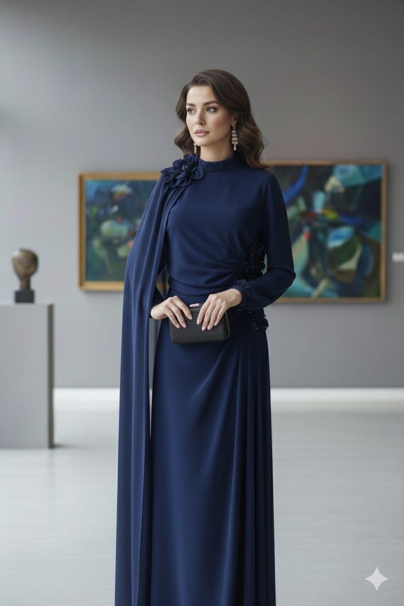 Banu Çiçek Lacivert Şifon AbiyeLP6354