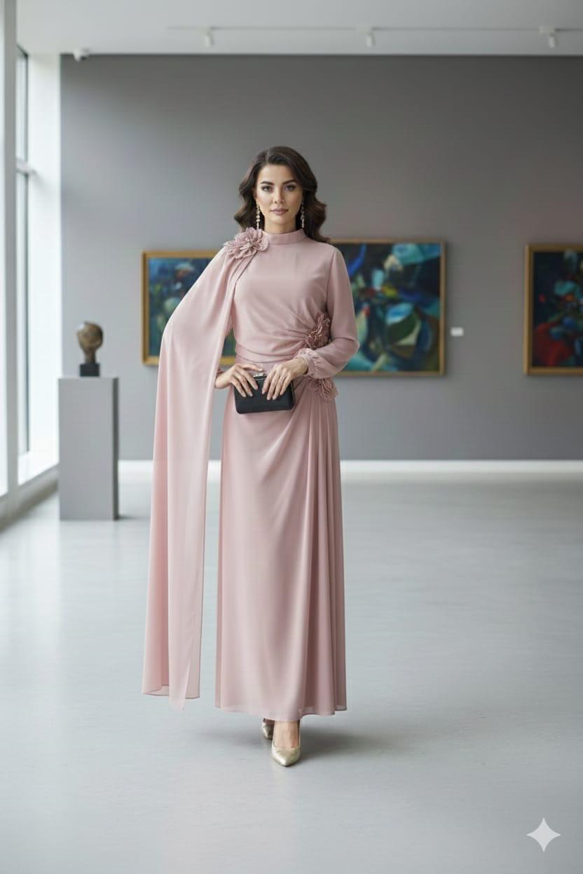 Banu Çiçek Pudra Şifon AbiyeLP6354