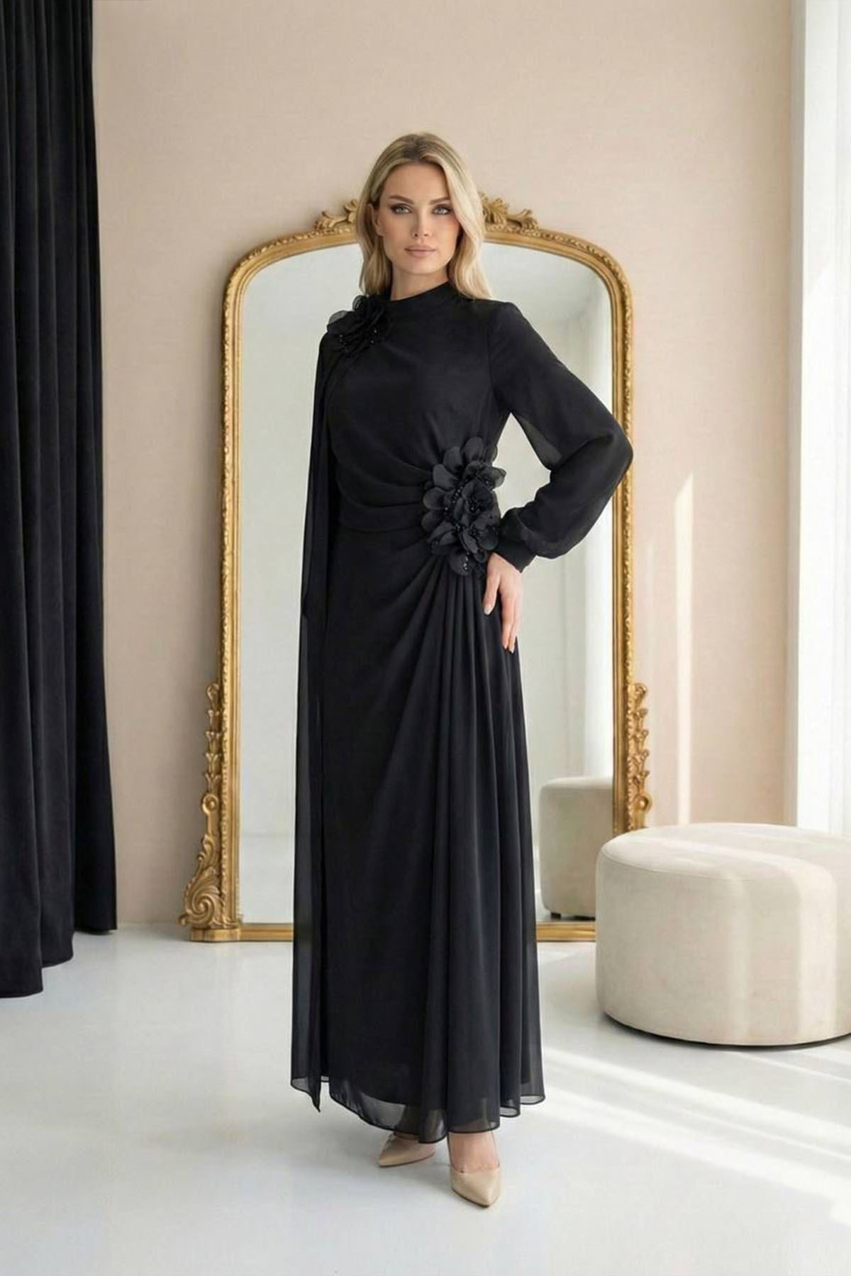 Tesettür BANU ÇİÇEK Şifon Abiye SiyahLP6354