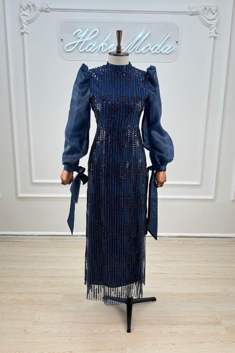 Boncuklu Lacivert Tesettür AbiyeLP6155