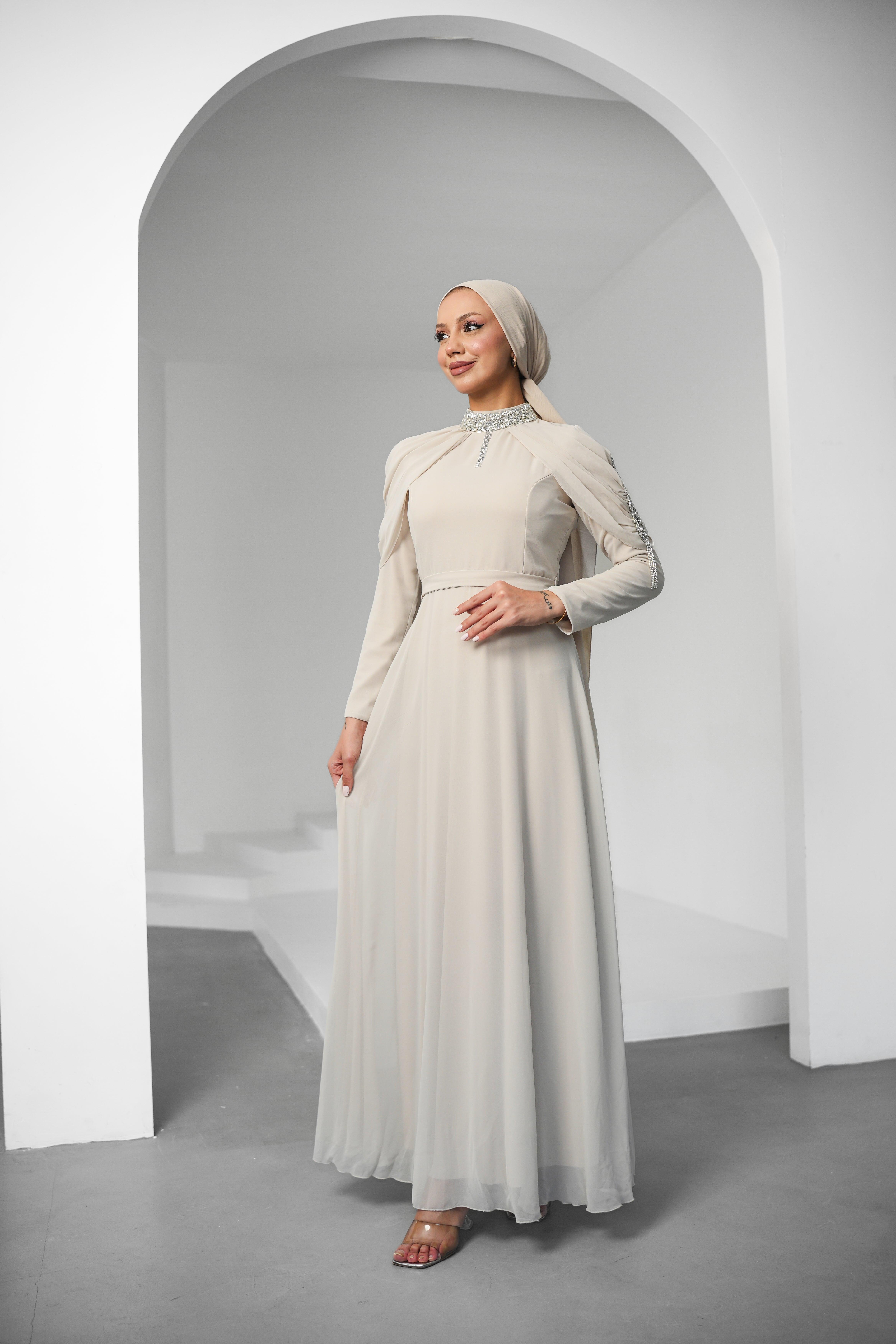 Canfes Şifon Bej Tesettür AbiyeLP6340