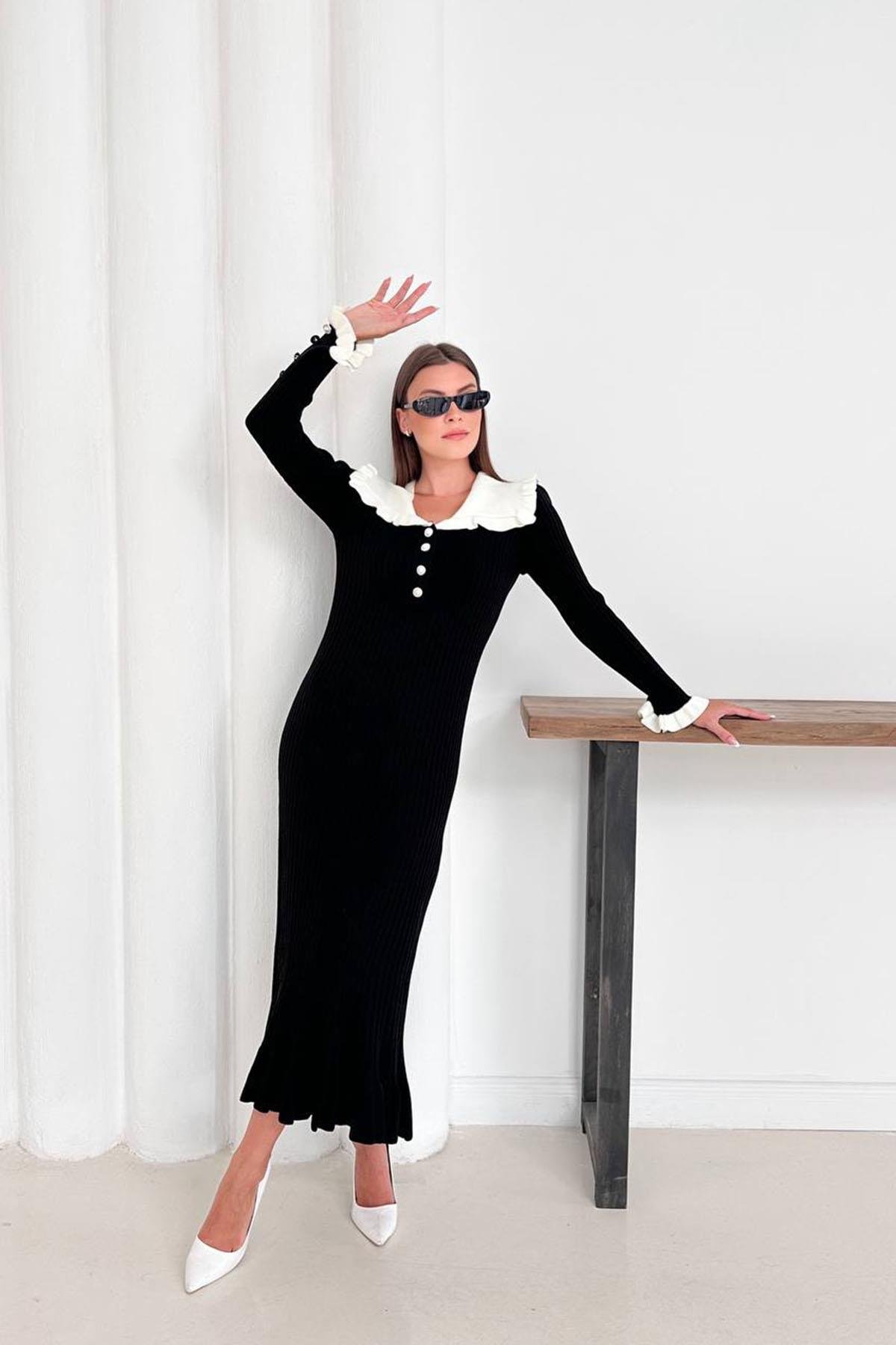 FIRFIR DETAYLI TRİKO ELBİSE SİYAHHM1317