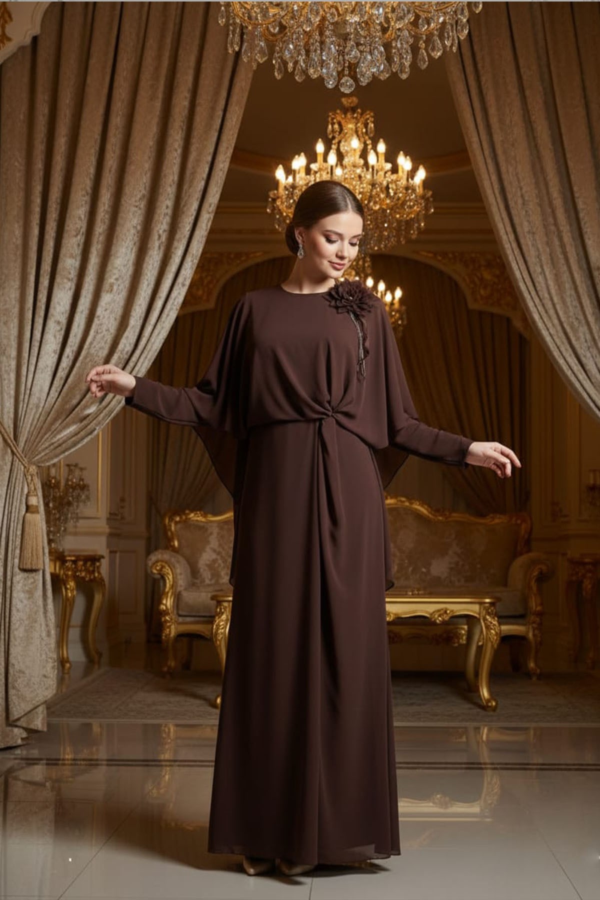 Gül Dide Şifon Abiye KahveLP6362