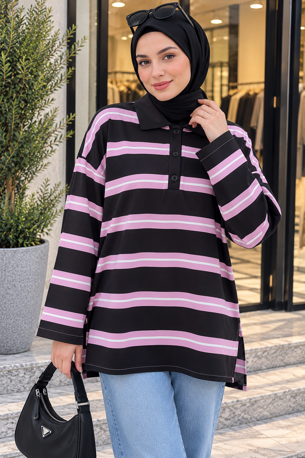 Hakimoda Kadın Çizgili Lacivert TunikNG7045