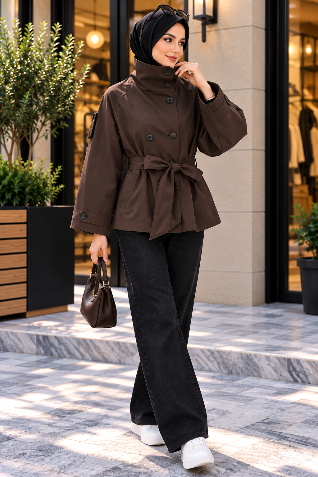 Hakimoda Kadın Dik Yaka  Kahve TrençkotRM1230