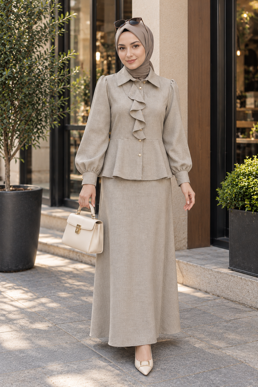 Hakimoda Kadın Fırfırlı Gri Etekli TakımLS6071