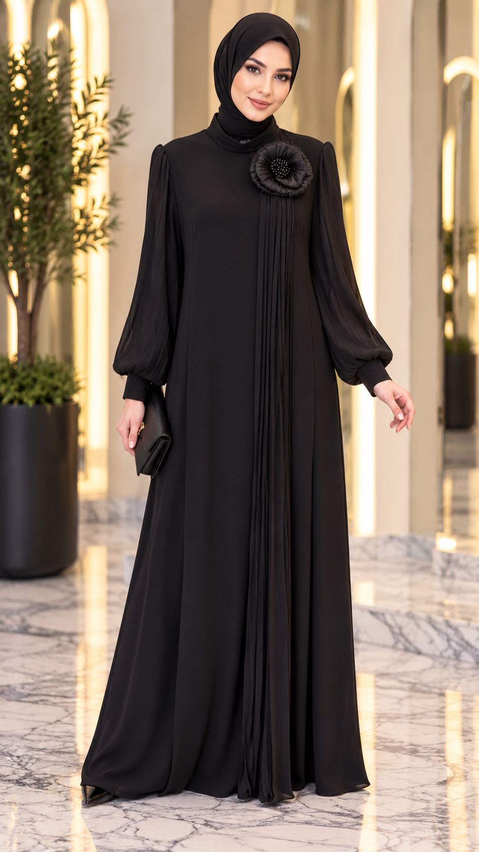 Hakimoda Kadın Gül Aplikeli Siyah AbiyeTN5001