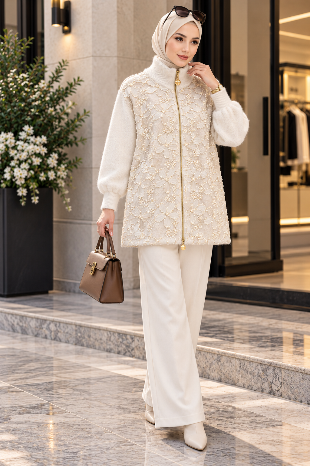 Hakimoda Kadın Peluş Ekru HırkaMC30241