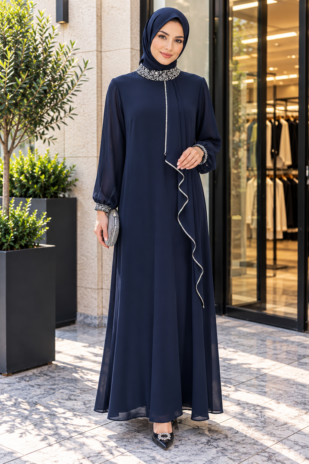 Hakimoda Kadın Şifon Boncuk Lacivert AbayaTN4510