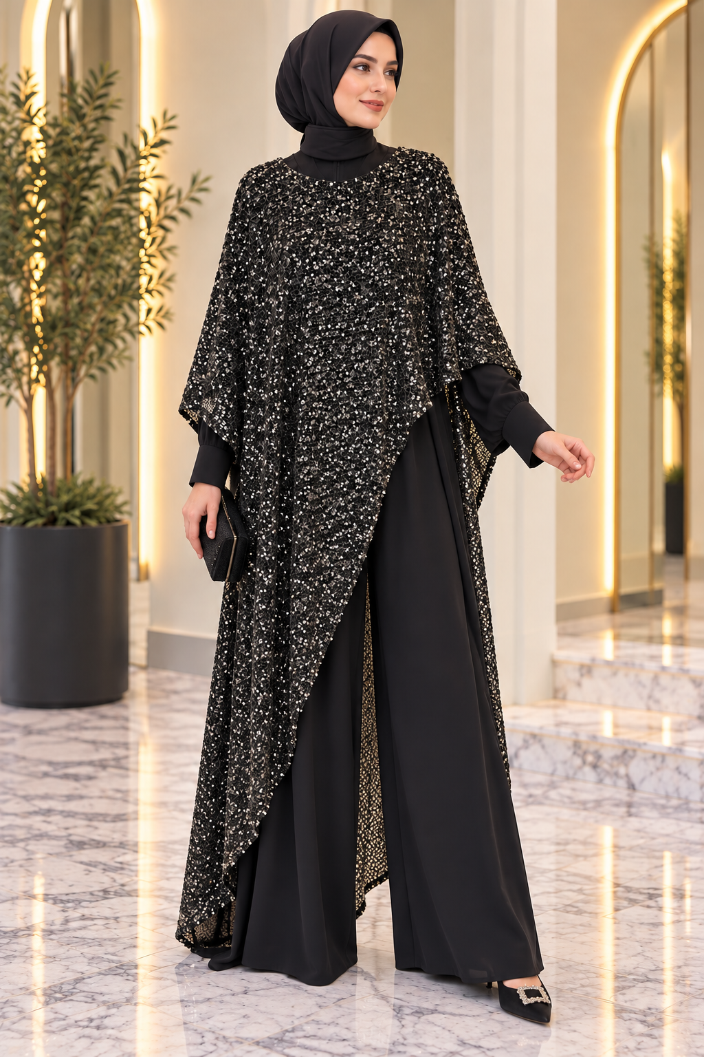 Hakimoda Kadın Simli Siyah Tulum AbiyeTN5022