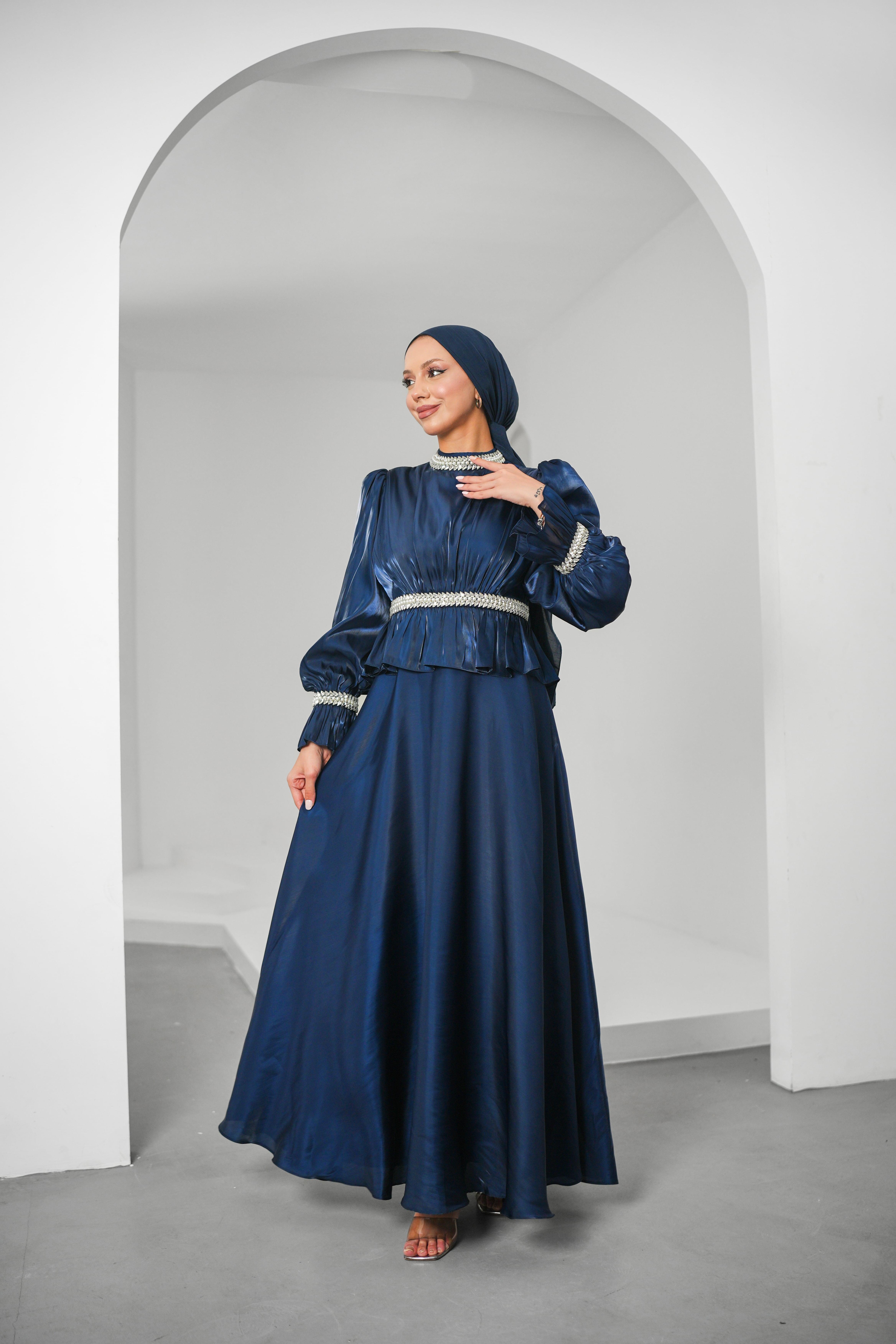 İnci Derya Organze Lacivert Tesettür AbiyeLP6324
