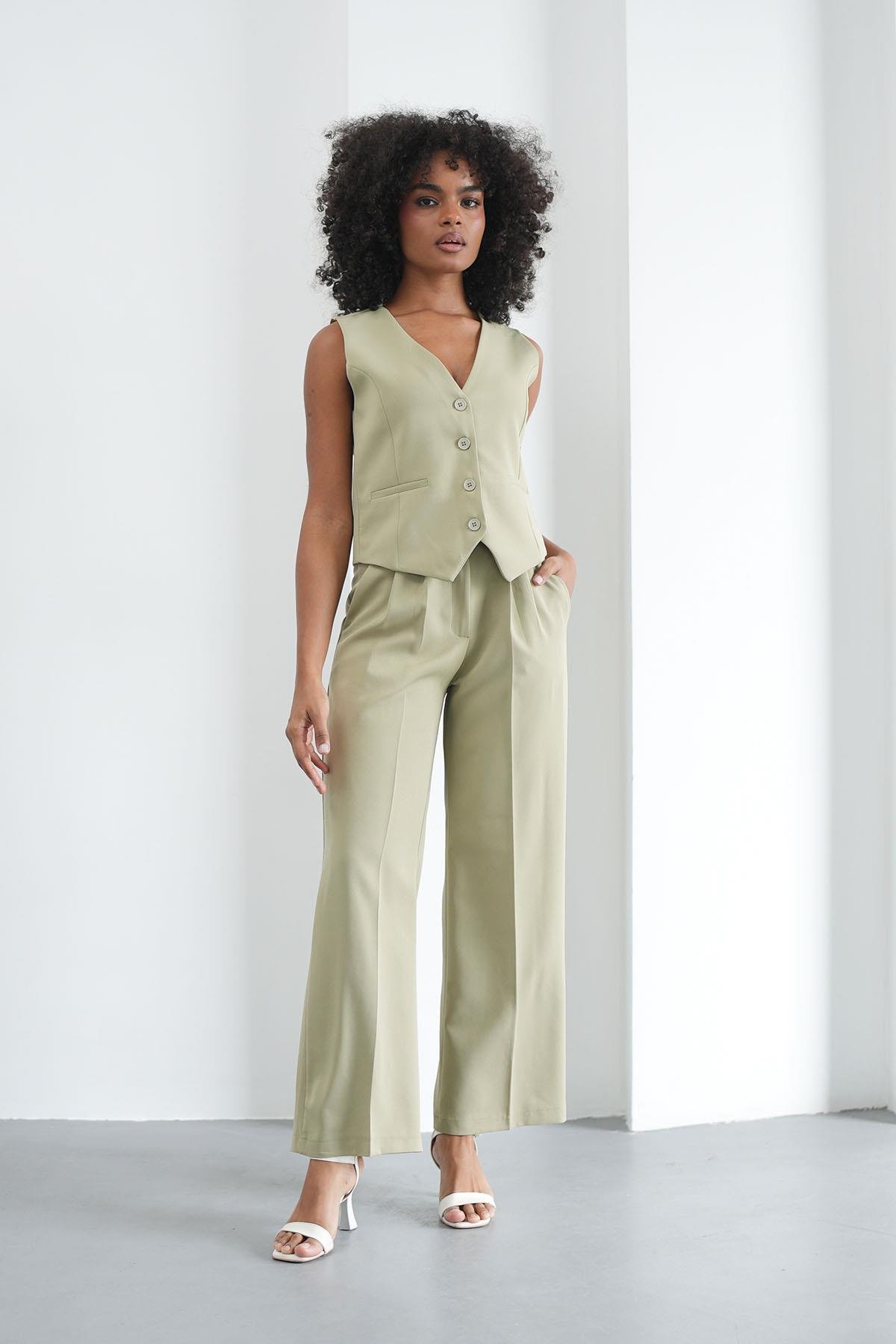 Klasik Düğmeli Yağ Yeşili YelekHM1338