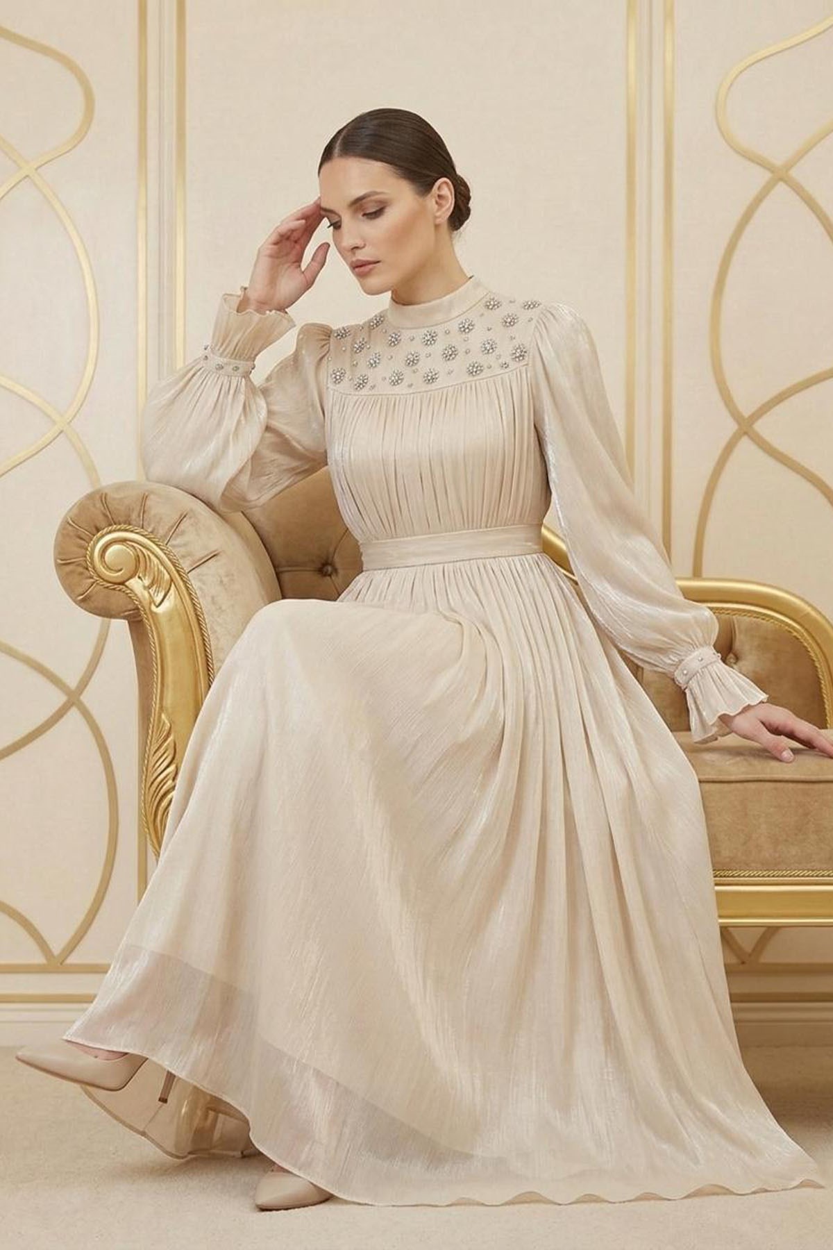 LARİNA Işıltı Şifon Abiye BejLP6370