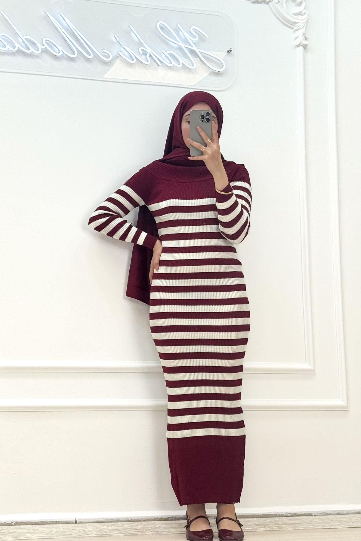 Madonna Yakalı Bordo Triko ElbiseHM3132