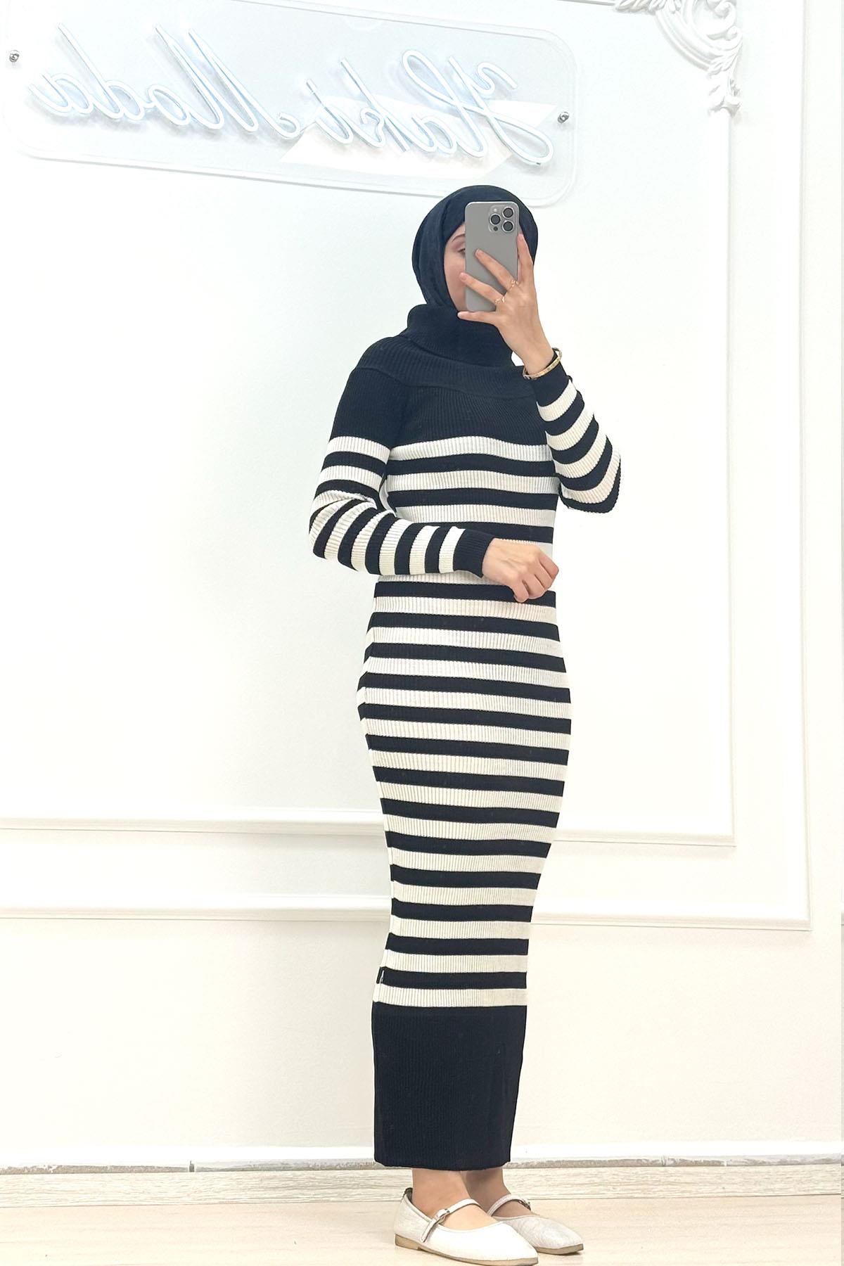 Madonna Yakalı Siyah Triko ElbiseHM3132