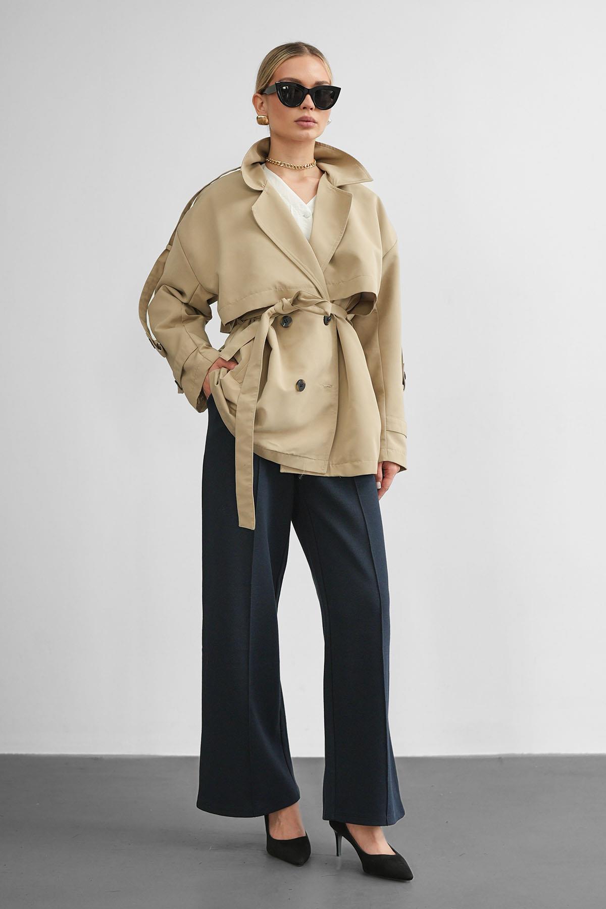 Oversize Kruvaze Bej TrençkotHM1336