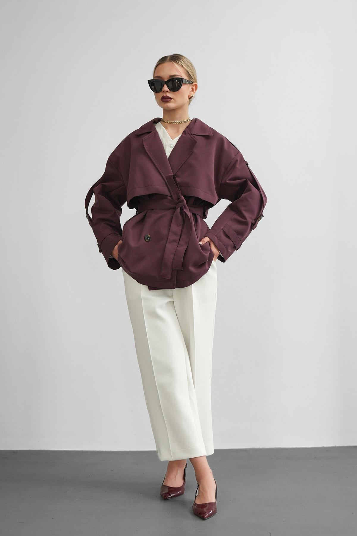 Oversize Kruvaze Bordo TrençkotHM1336