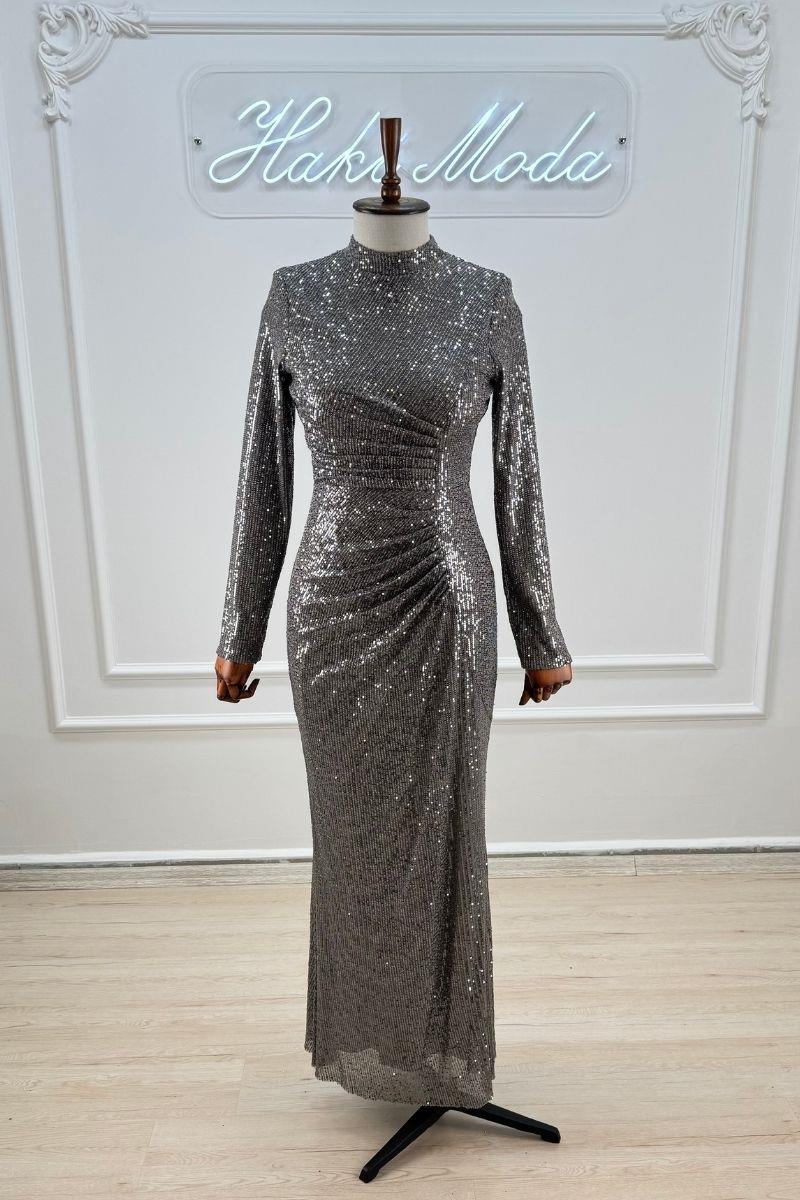 Payetli Gri Uzun Kollu Tesettür AbiyeLP6156