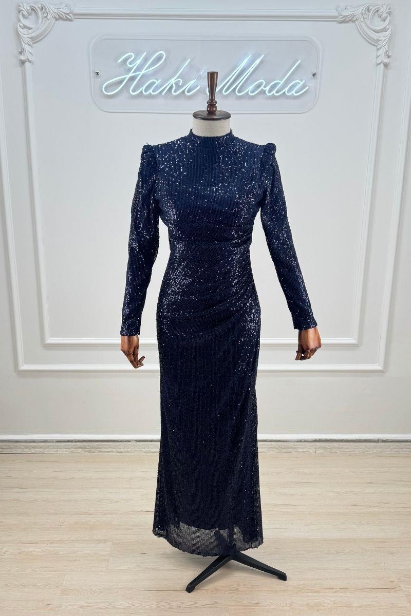 Payetli Lacivert Uzun Kollu Tesettür AbiyeLP6156