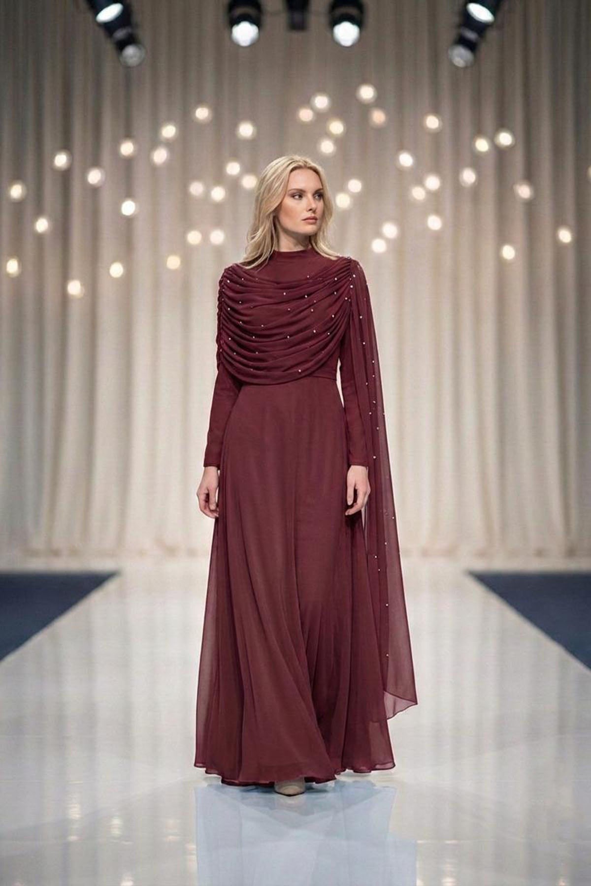 Tesettür PERİZADE Şifon Abiye BordoLP6317