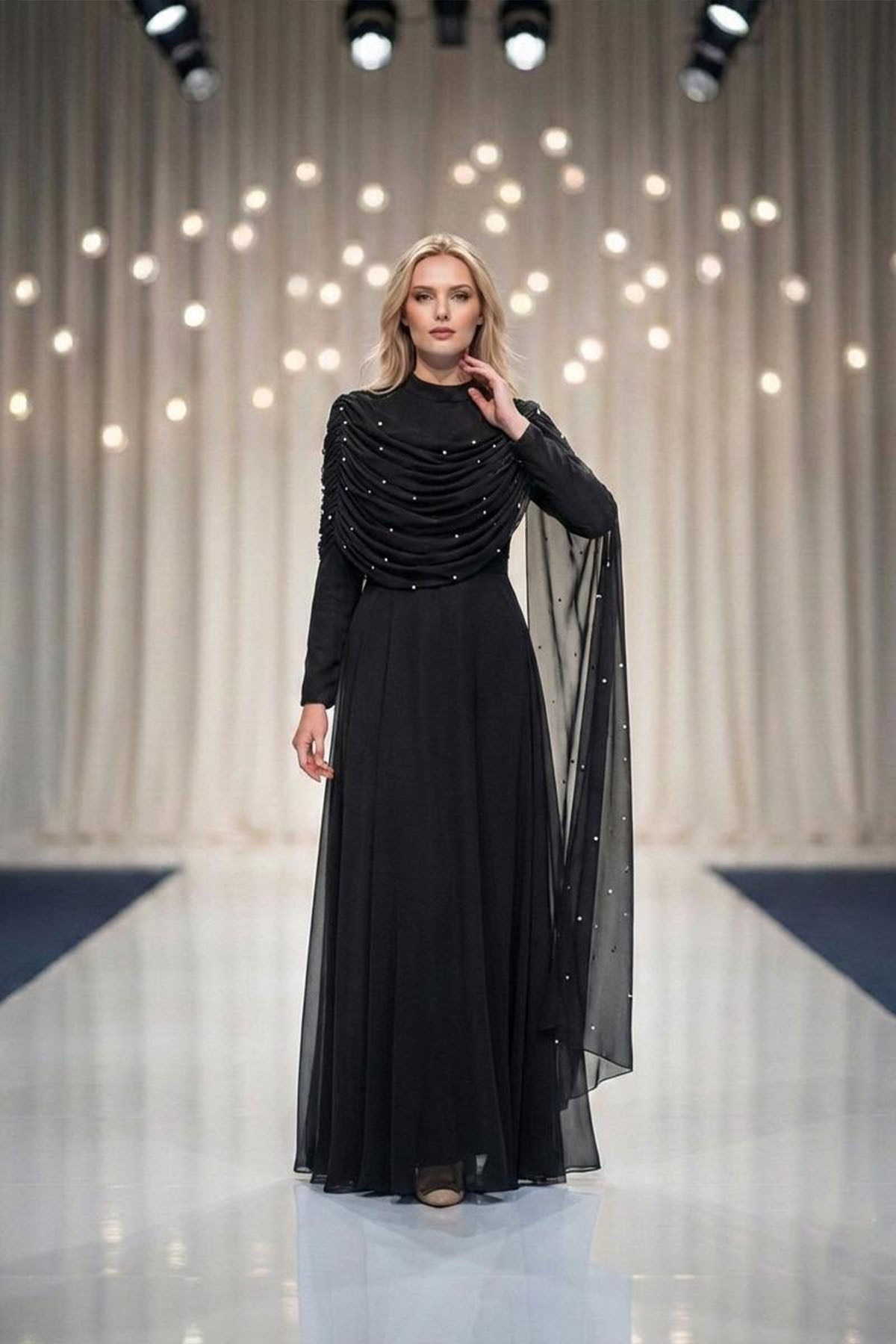 Tesettür PERİZADE Şifon Abiye SiyahLP6317