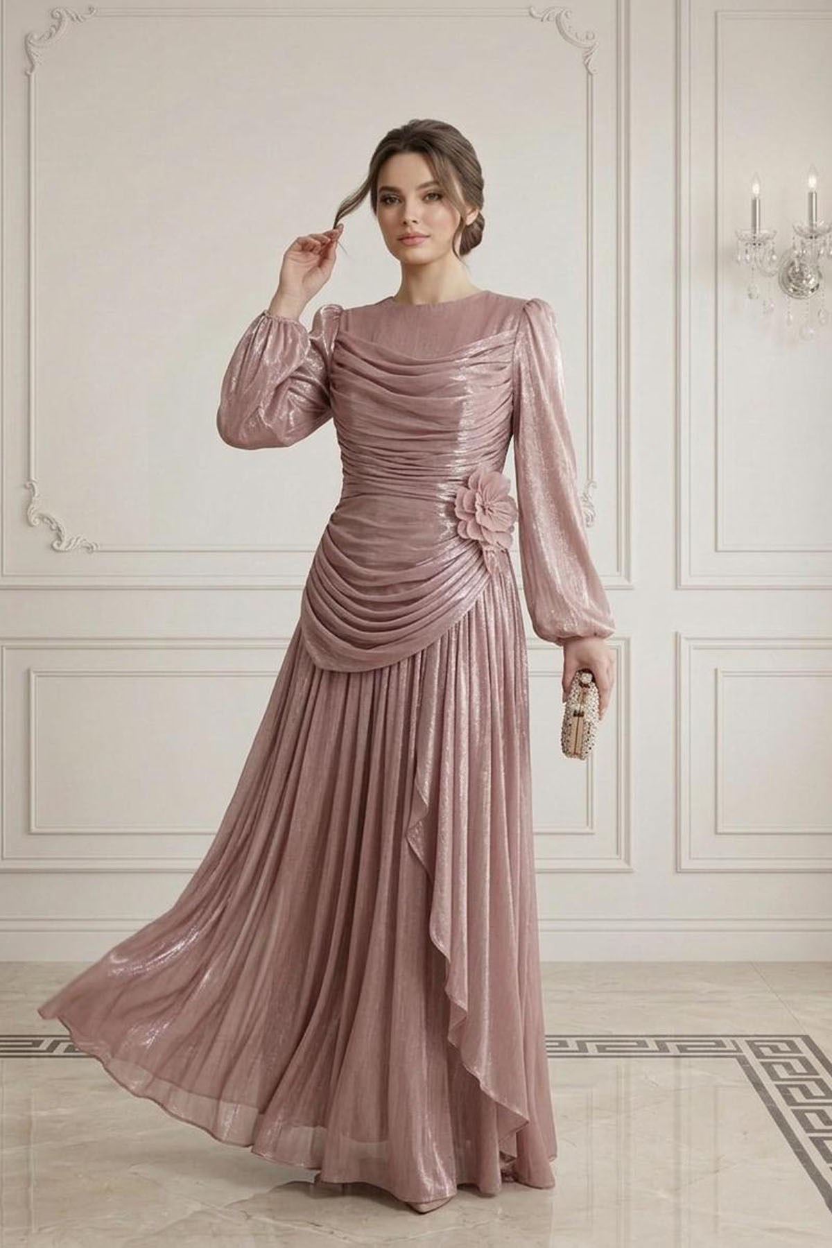 Tesettür ADELİN Işıltı Şifon Abiye PudraLP6385