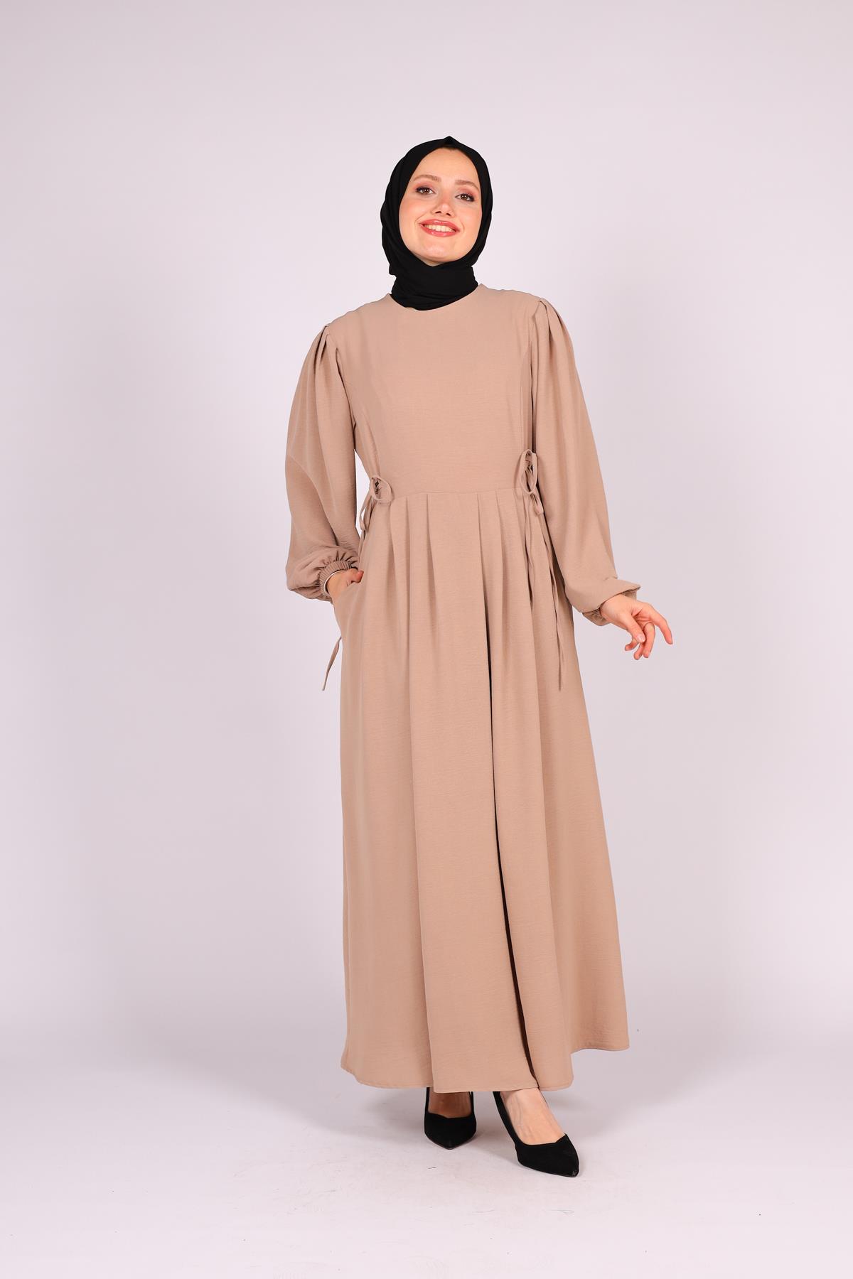 Tesettür Aerobin Balon Kol Kuşaklı Elbise VizonHM4023