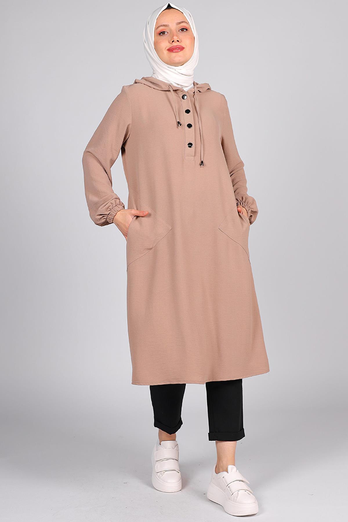 Tesettür Aerobin  Kapüşonlu Tunik CamelHM4021