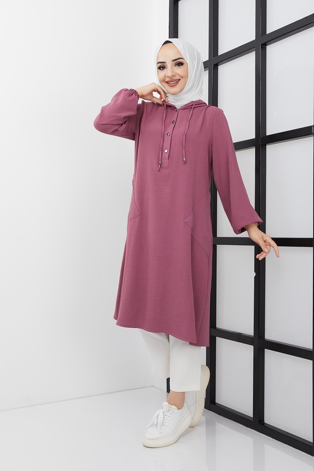 Tesettür Aerobin  Kapüşonlu Tunik LilaHM4021