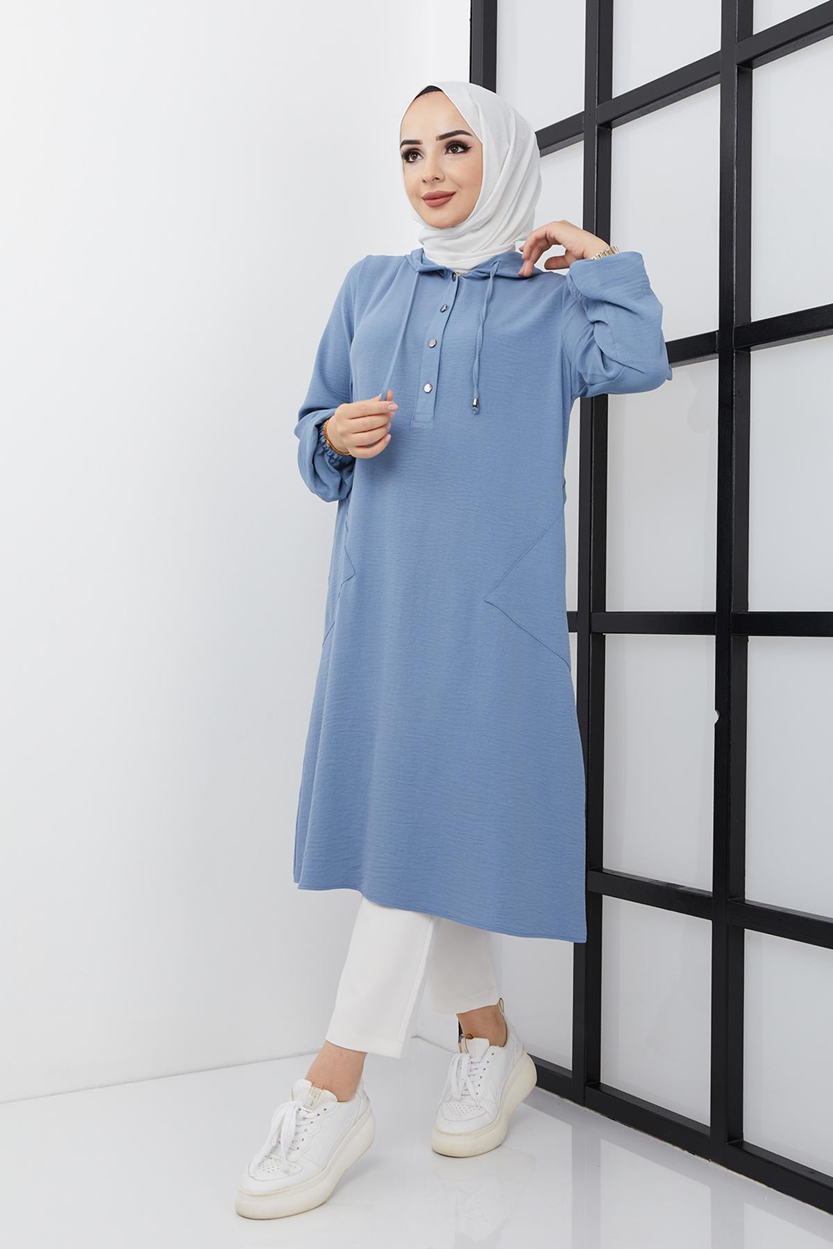 Tesettür Aerobin  Kapüşonlu Tunik MaviHM4021