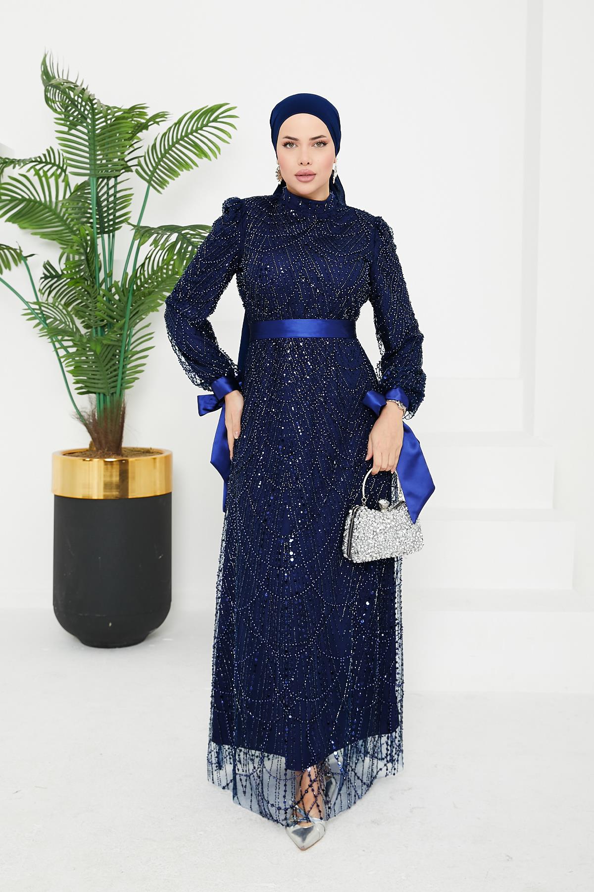 Tesettür Afra Boncuklu Abiye LacivertLP7003