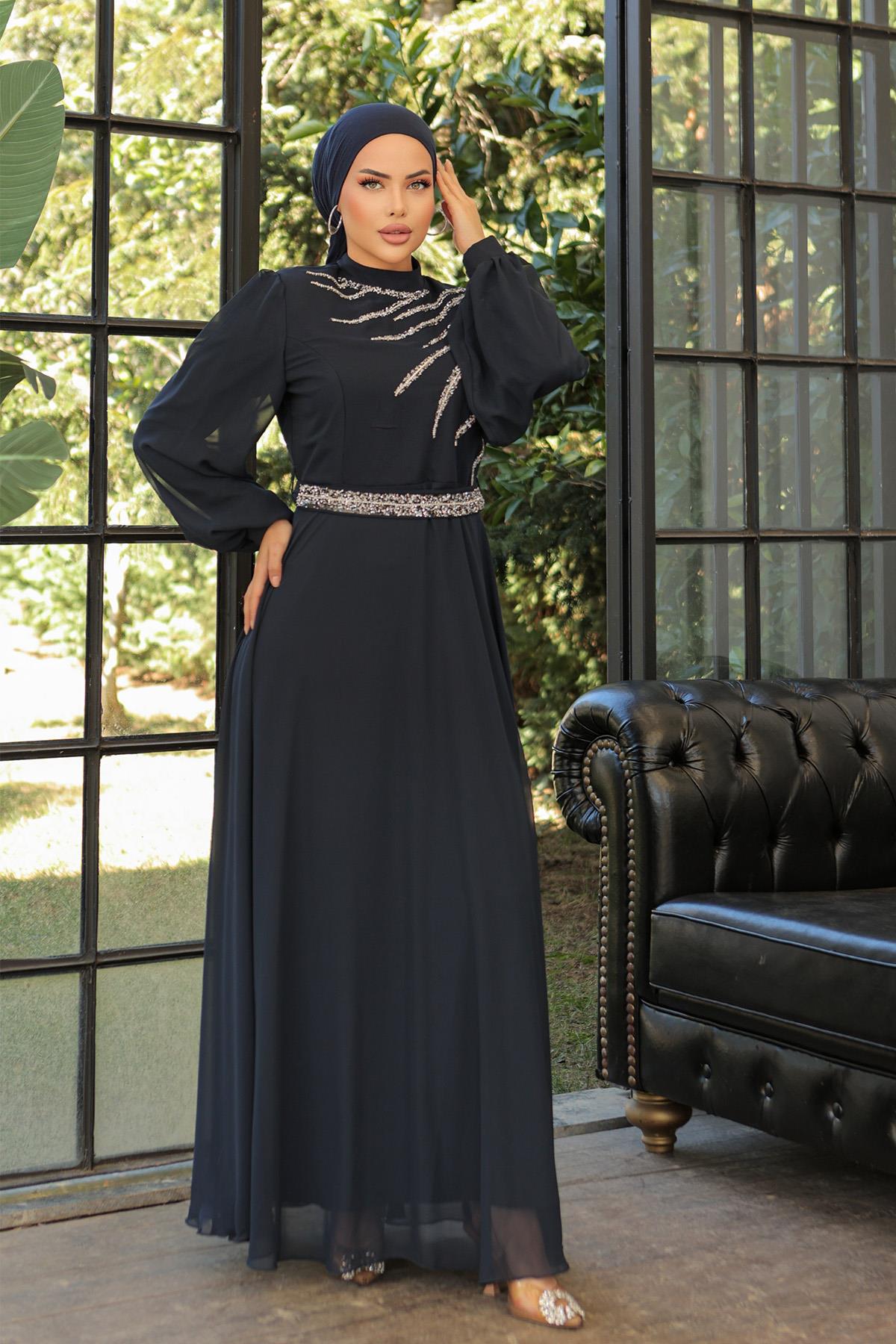 Tesettür Ahsen Şifon Abiye LacivertLP6025