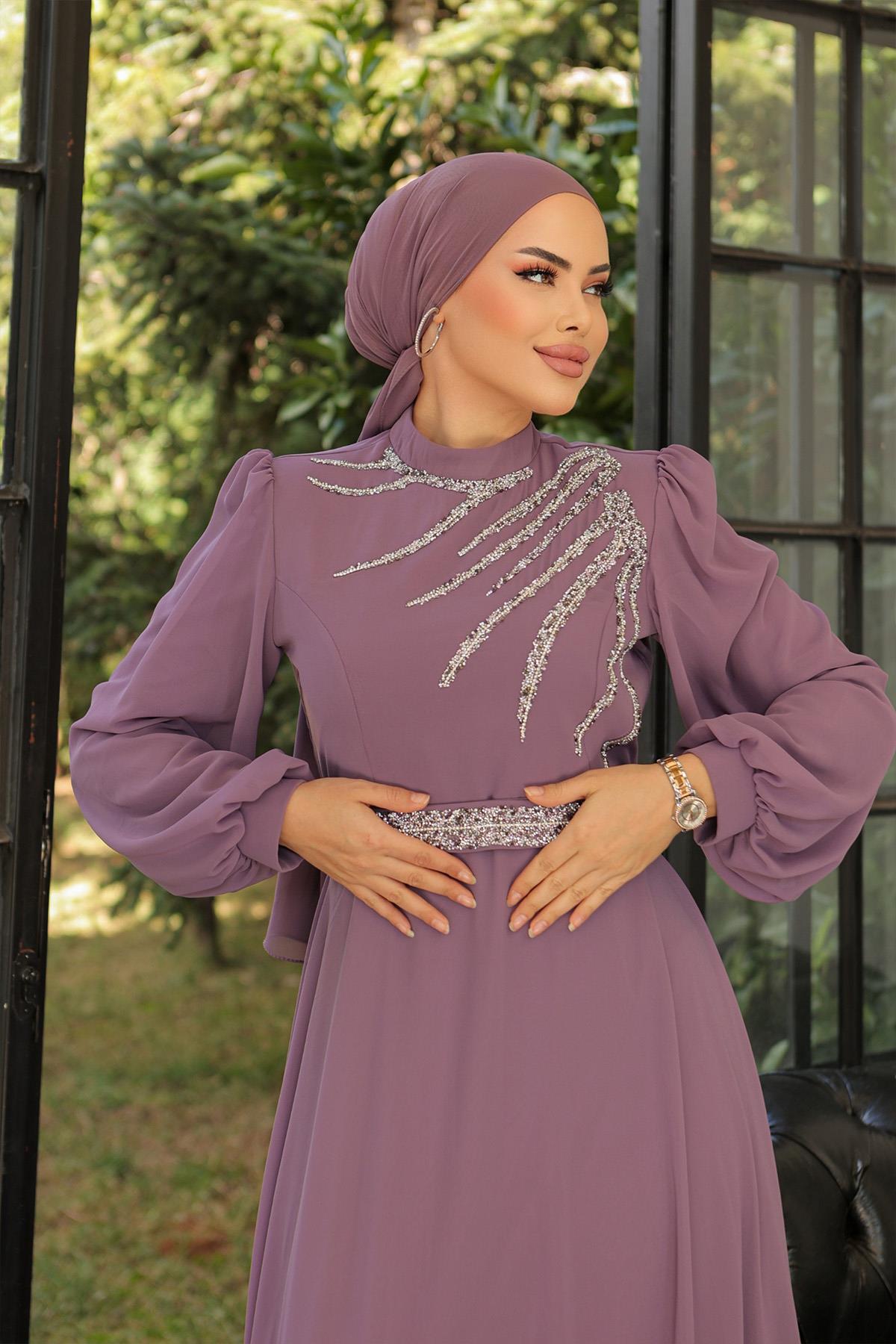 Tesettür Ahsen Şifon Abiye LilaLP6025