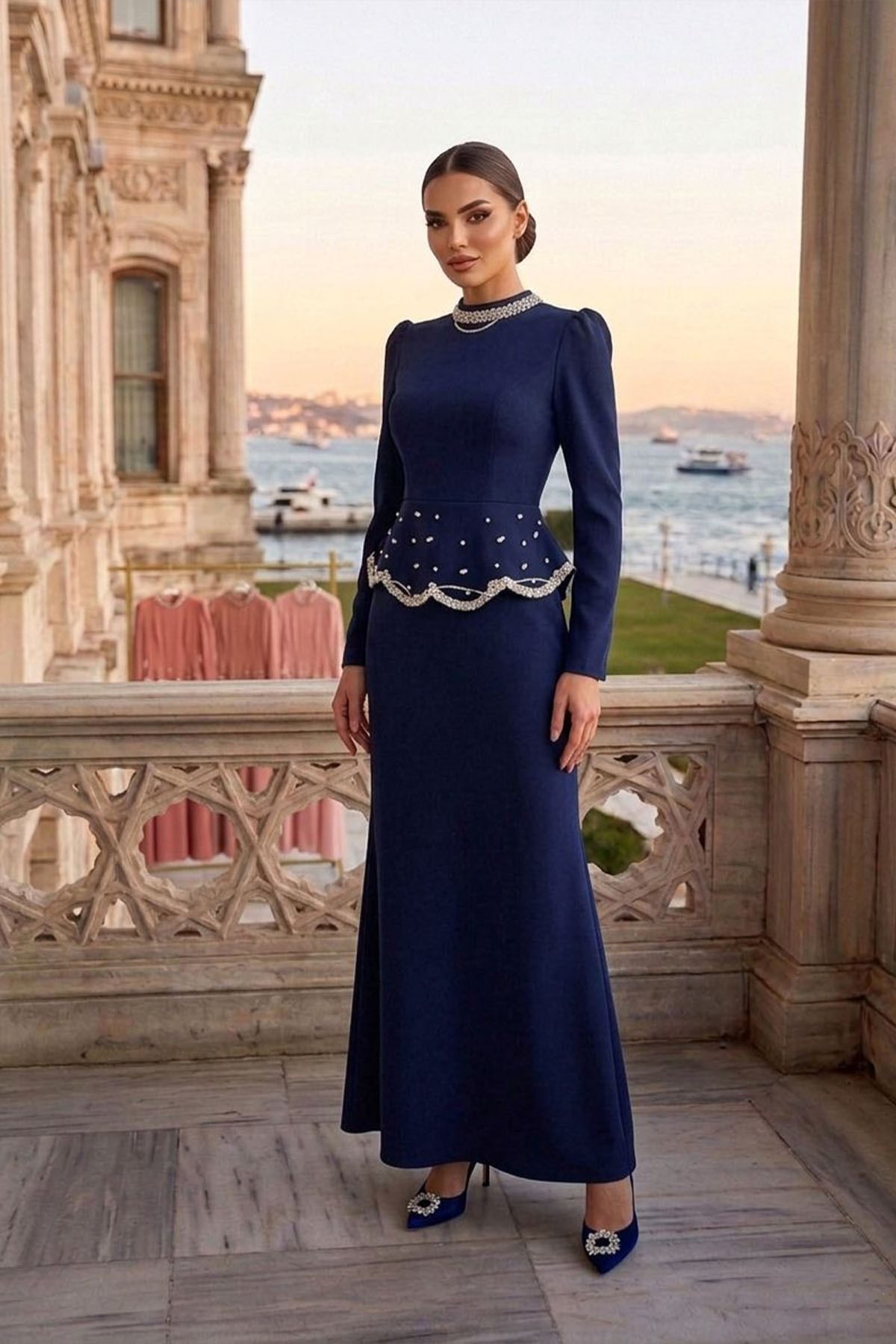 Tesettür Ahunisa Adriana Krep Abiye LacivertLP6322