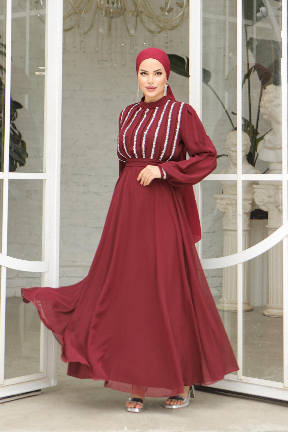 Tesettür Ala Şifon Abiye BordoLP6042