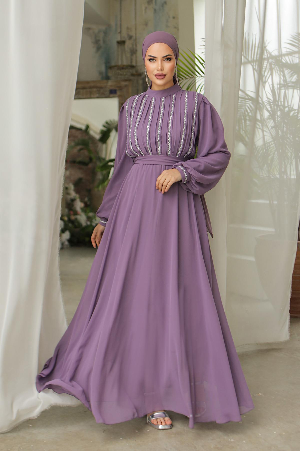 Tesettür Ala Şifon Abiye LilaLP6042