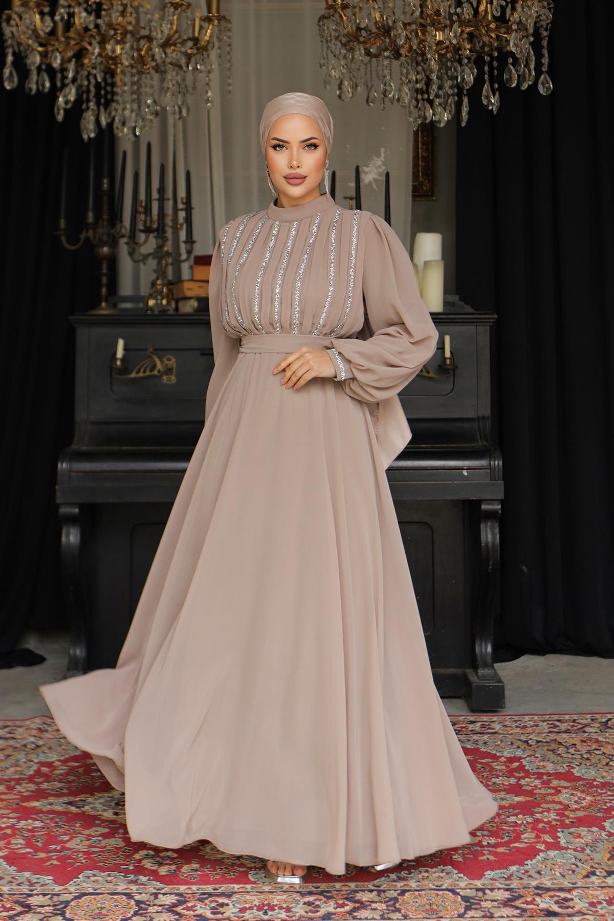 Tesettür Ala Şifon Abiye VizonLP6042