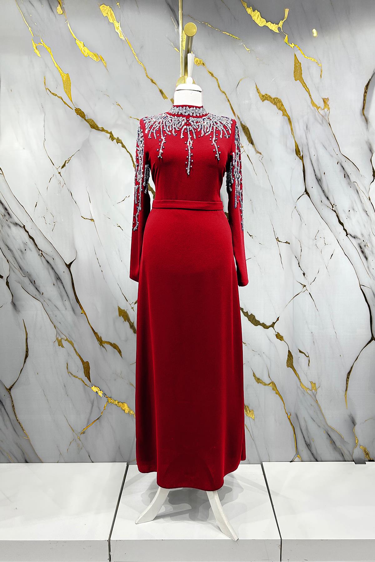 Tesettür Alin Krep Abiye BordoLP6165