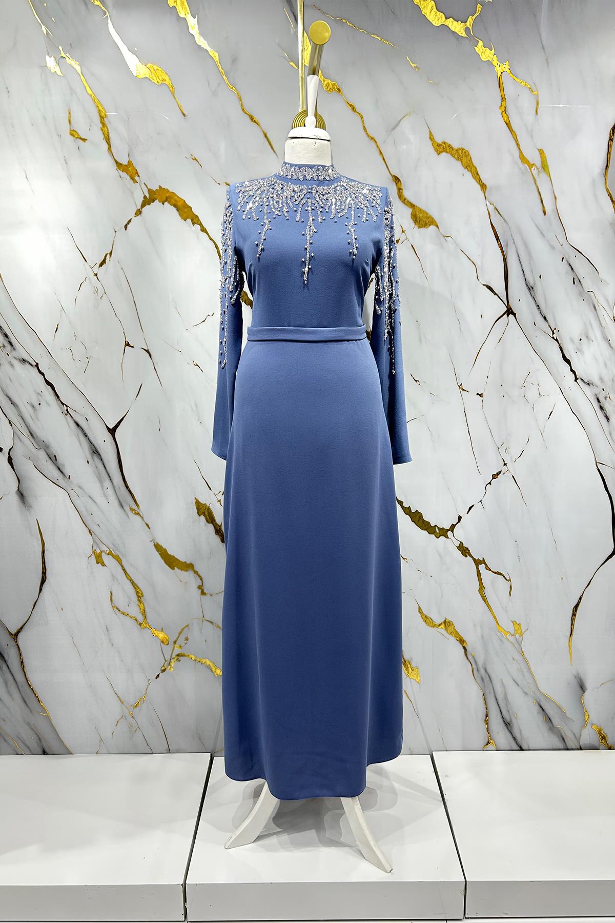 Tesettür Alin Krep Abiye IndigoLP6165