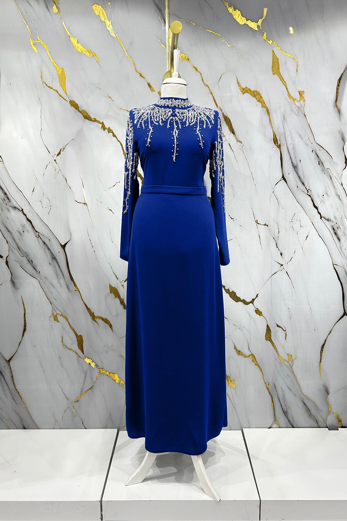 Tesettür Alin Krep Abiye Saks MavisiLP6165