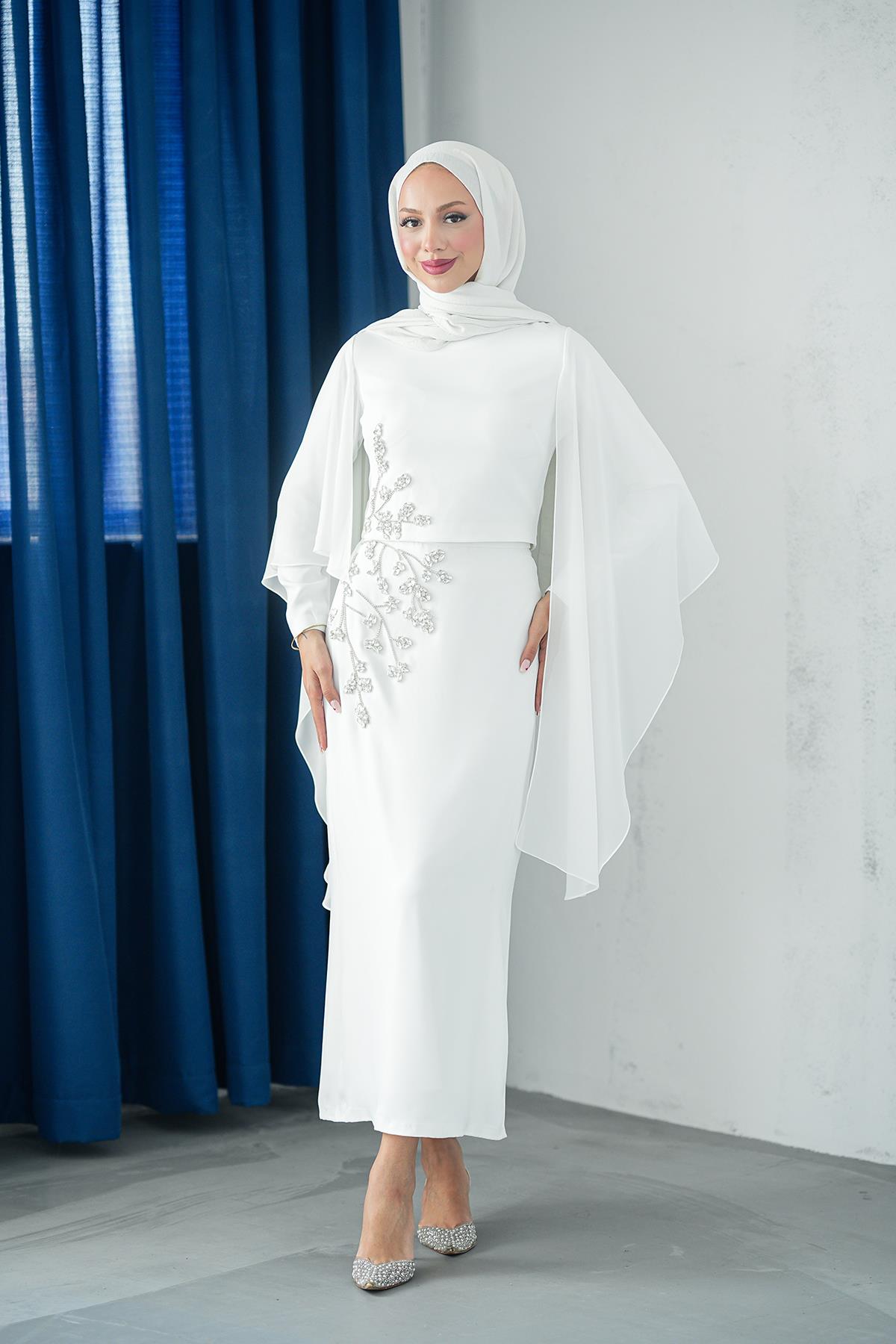 Tesettür Alya Adriana Takım Abiye BeyazLP6304