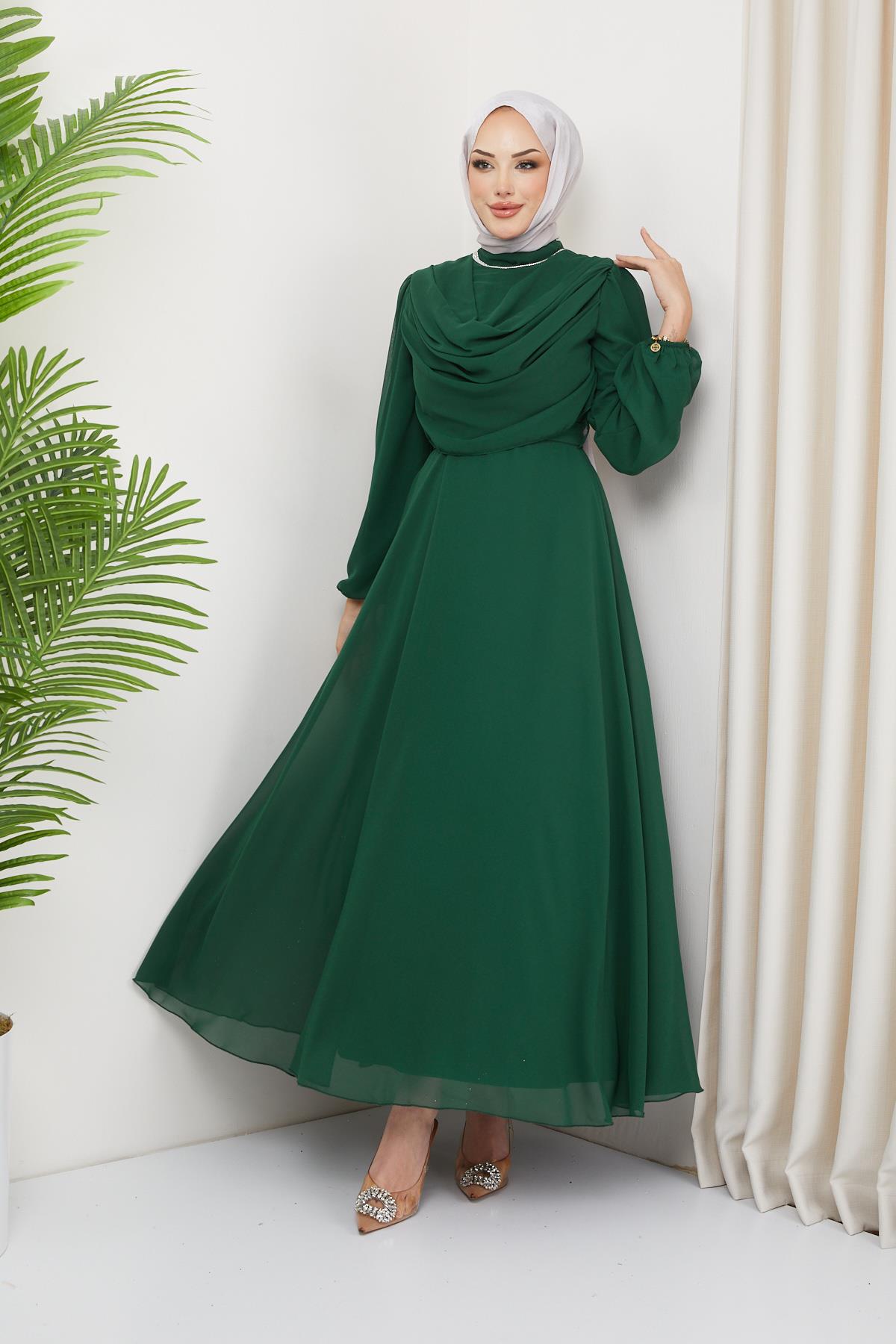 Tesettür Ariyana Şal Yaka Abiye Zümrüt YeşiliHM2010