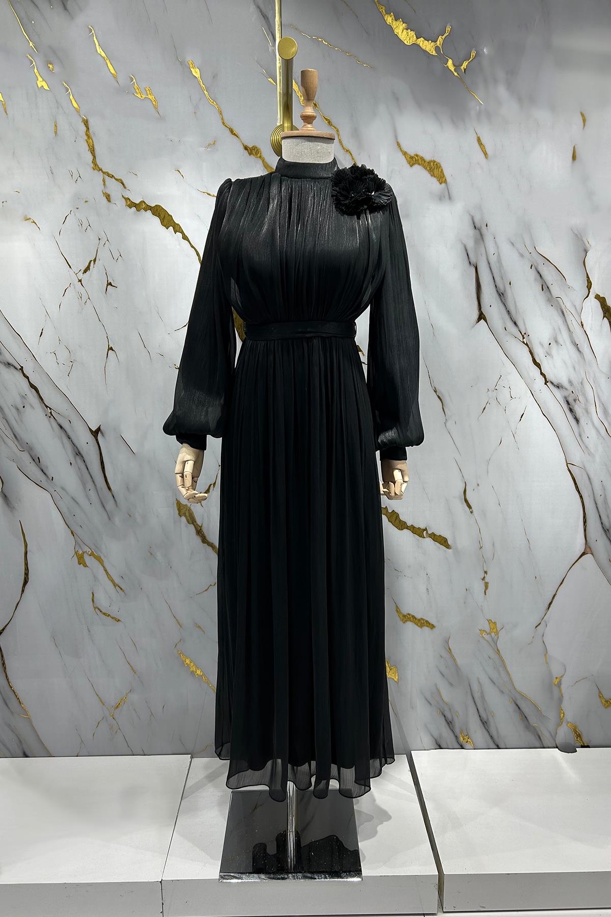 Tesettür Aron Işıltı Abiye SiyahLP6206