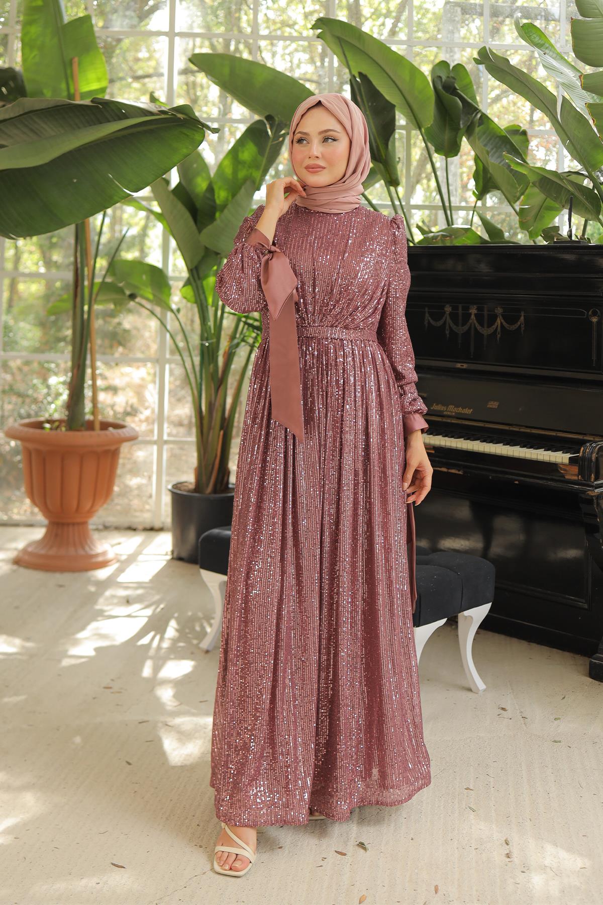 Tesettür Arven Payetli Abiye GülLP6108