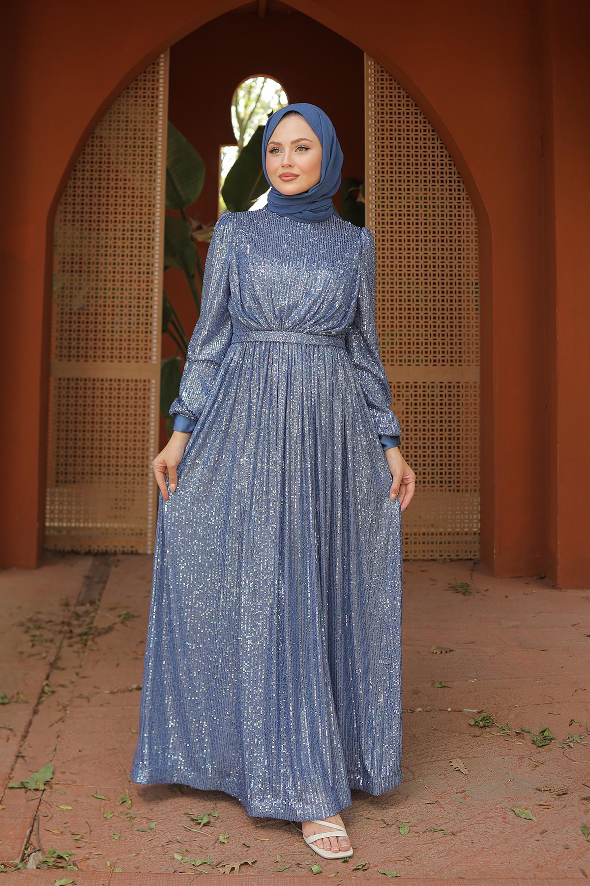 Tesettür Arven Payetli Abiye MaviLP6108