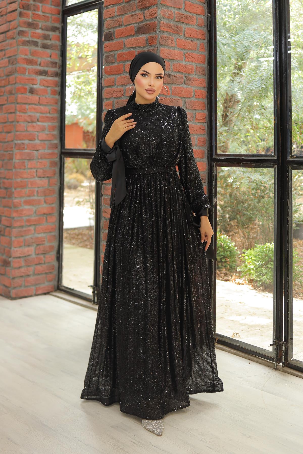 Tesettür Arven Payetli Abiye SiyahLP6108