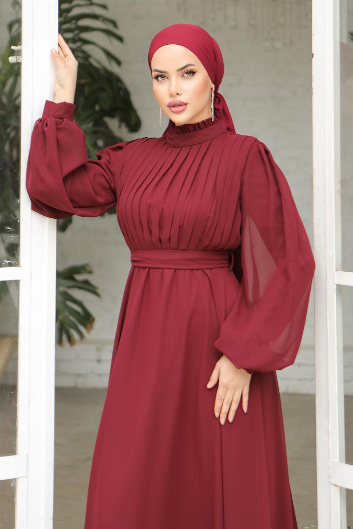 Tesettür Asel Şifon Abiye BordoLP6040