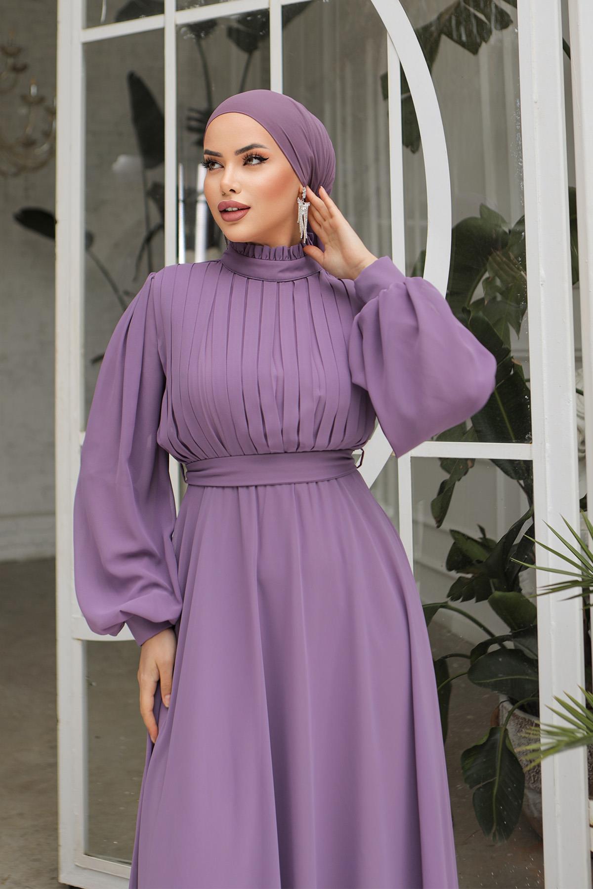 Tesettür Asel Şifon Abiye LilaLP6040